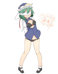 Rule 34 | 2girls, arms behind back, black bra, black footwear, black panties, blue headwear, blue vest, blush, bow, bow bra, bow panties, bra, breasts, buttons, chibi, chibi inset, clenched teeth, commentary request, frilled hat, frills, full body, gluteal fold, green hair, groin, hair between eyes, hat, heart, hekkmushi, highres, long sleeves, mary janes, medium breasts, multiple girls, no pants, onozuka komachi, open clothes, open vest, panties, pigeon-toed, shiki eiki, shirt, shoes, short hair, simple background, socks, solo focus, teeth, touhou, underwear, vest, white background, white blindfold, white shirt