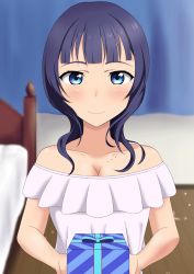 Rule 34 | 1girl, artist name, artist request, asaka karin, bare shoulders, bed, blue eyes, blue hair, blush, box, breasts, camisole, cleavage, collarbone, dark blue hair, denim, denim shorts, dress, female focus, frilled dress, frills, fur-trimmed shorts, fur trim, gift, gift box, hair over shoulder, highres, holding, holding gift, indoors, looking at viewer, love live!, love live! nijigasaki high school idol club, love live! school idol festival, love live! school idol festival all stars, medium breasts, medium hair, mole, mole on body, mole on breast, parted lips, shirt, short hair, shorts, smile, solo, upper body, white camisole, white shirt