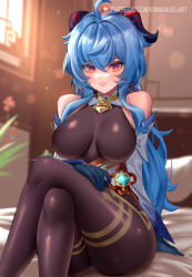 Rule 34 | 1girl, ahoge, bare shoulders, bell, black gloves, black pantyhose, blue hair, blush, bodystocking, breasts, brown pantyhose, crossed legs, detached sleeves, dress, enma (enmanuelart), ganyu (genshin impact), genshin impact, gloves, grin, highres, horns, large breasts, lips, long hair, looking at viewer, neck bell, paid reward available, pantyhose, purple eyes, shiny clothes, shiny legwear, sitting, smile, solo, thighs, white dress