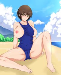 Rule 34 | 0byte, 1girl, areola slip, arm support, baka to test to shoukanjuu, beach, blush, breast slip, breasts, brown eyes, brown hair, covered erect nipples, huge breasts, large breasts, navel, nipples, one breast out, outdoors, pussy, school swimsuit, short hair, sitting, skin tight, smile, solo, spread legs, swimsuit, water, yoshii akira