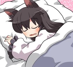 Rule 34 | 1girl, animal ears, blush, brown hair, closed eyes, dress, drooling, frilled sleeves, frills, imaizumi kagerou, long hair, long sleeves, open mouth, pillow, rokugou daisuke, signature, sleeping, solo, touhou, white dress, wide sleeves, wolf ears