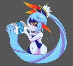 Rule 34 | 1girl, blue hair, blush, colored sclera, fusion, hyrule warriors, lana (hyrule warriors), midna, milk, monster girl, nintendo, pointy ears, ponytail, purple eyes, simple background, solo, the legend of zelda, yellow sclera