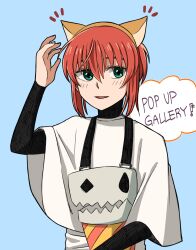 Rule 34 | 1girl, :d, absurdres, animal ear hairband, animal ears, blue background, delfuze, elias ainsworth, fake animal ears, green eyes, hairband, hand up, hatori chise, highres, layered sleeves, long sleeves, mahou tsukai no yome, medium hair, open mouth, ponytail, red hair, short over long sleeves, short sleeves, sidelocks, simple background, smile, solo, upper body, wide sleeves