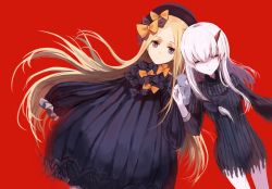 Rule 34 | 2girls, abigail williams (fate), albino, black bow, black dress, black hat, blonde hair, blue eyes, bow, bug, butterfly, closed eyes, closed mouth, colored skin, commentary request, dress, facing viewer, fate/grand order, fate (series), hair bow, hands in opposite sleeves, hat, highres, horns, insect, kinona, lavinia whateley (fate), long hair, long sleeves, looking at viewer, low-tied long hair, multiple girls, orange bow, parted bangs, parted lips, polka dot, polka dot bow, red background, simple background, single horn, very long hair, white hair, white skin