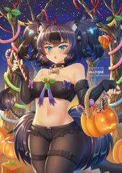 Rule 34 | 1girl, :o, animal ear fluff, animal ears, artist name, bandeau, bare shoulders, bare tree, bell, black collar, black gloves, black hair, black shorts, blue eyes, breasts, brown pantyhose, candy, candy cane, candy wrapper, cerberus (kemono friends), collar, commentary, dog ears, dog girl, dog tail, elbow gloves, fingerless gloves, food, gloves, hair bell, hair ornament, halloween bucket, highres, holding, holding food, jingle bell, kemono friends, pantyhose under shorts, lollipop, medium breasts, navel, neck bell, night, night sky, outdoors, pantyhose, parted lips, scar, scar across eye, scar on face, short shorts, shorts, sky, solo, star (sky), starry sky, strapless, swirl lollipop, tail, tree, tube top, two side up, villyane, watermark, web address