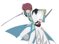 Rule 34 | 1boy, artist request, asbel lhant, blue eyes, brown hair, coat, cowboy shot, male focus, official art, pants, scabbard, serious, sheath, shirt, shoes, solo, sword, tales of (series), tales of graces, weapon, white background, white footwear, white pants