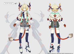 Rule 34 | ahoge, androgynous, blonde hair, blue eyes, boots, capelet, character name, gender request, gloves, grey background, grey shorts, horns, layered stories zero, multiple views, official art, parted lips, purple legwear, red gloves, satantaisei (layered stories zero), short hair, short shorts, shorts, simple background, smile, standing, tail, tassel, thighhighs, watermark, white footwear, yamakawa