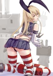 Rule 34 | 10s, 1girl, anchor, black panties, blonde hair, butt crack, elbow gloves, gloves, hair ornament, hairband, kantai collection, lifebuoy, long hair, looking at viewer, looking back, minami koyogi, panties, pantyshot, personification, rensouhou-chan, shimakaze (kancolle), skirt, solo, striped clothes, striped thighhighs, swim ring, thighhighs, underwear, upskirt, white gloves