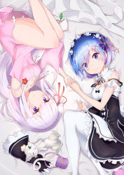 Rule 34 | 10s, 2girls, bare shoulders, blue hair, blush, braid, breasts, cat, cleavage, closed mouth, couch, detached sleeves, dress, emilia (re:zero), eyebrows, flower, french braid, frilled sleeves, frills, green eyes, hair flower, hair ornament, hair ribbon, highres, holding hands, long hair, looking at viewer, maid, maid headdress, medium breasts, multiple girls, open mouth, pack (re:zero), pillow, pointy ears, puck (re:zero), purple dress, purple eyes, purple ribbon, re:zero kara hajimeru isekai seikatsu, red ribbon, rem (re:zero), ribbon, rotational symmetry, short dress, short hair, silver hair, sitting, sylphine, thighhighs, white legwear, x hair ornament