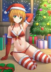 Rule 34 | 1girl, aged up, arm behind head, arm support, arm up, armpits, bare shoulders, bikini, blush, box, breasts, cardcaptor sakura, christmas, christmas ornaments, christmas tree, cleavage, closed mouth, collarbone, commentary, commission, elbow gloves, english commentary, fur-trimmed bikini, fur-trimmed gloves, fur-trimmed headwear, fur-trimmed legwear, fur trim, gift, gift box, gloves, green eyes, hair between eyes, hat, heart-shaped box, highres, indoors, kazenokaze, kinomoto sakura, light brown hair, looking at viewer, medium breasts, navel, night, night sky, on floor, red bikini, red gloves, red hat, santa hat, sitting, sky, smile, snowing, solo, striped clothes, striped thighhighs, swimsuit, thighhighs, tsubasa chronicle, wooden floor, yokozuwari