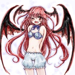 Rule 34 | 1girl, ;d, arms behind back, bat wings, bloomers, bow, bowtie, bra, fang, female focus, head wings, koakuma, nanashii (soregasisan), navel, one eye closed, open mouth, red eyes, red hair, simple background, smile, solo, thigh gap, touhou, underwear, underwear only, wings, wink