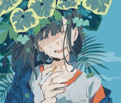 Rule 34 | 1girl, black hair, blue background, blue jacket, check commentary, cigarette, closed eyes, commentary request, crying, head tilt, highres, jacket, magotsuki (hurray), off shoulder, open mouth, orange shirt, original, plant, shirt, short hair, simple background, smile, smoke, smoking, solo, tongue, undershirt, upper body, white shirt