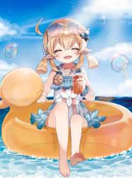 Rule 34 | 1girl, :d, ^ ^, ahoge, alternate costume, barefoot, blue sky, blurry, bubble, cherry, closed eyes, cloud, cloudy sky, clover print, collarbone, commentary request, cup, depth of field, drink, drinking glass, drinking straw, eyewear on head, flower, flower necklace, food, frilled swimsuit, frills, fruit, genshin impact, hair between eyes, hair flower, hair ornament, highres, holding, holding cup, horizon, ice, ice cube, innertube, jewelry, klee (genshin impact), light brown hair, long hair, looking at viewer, low twintails, necklace, ocean, open mouth, pin, pointy ears, rubber duck, scrunchie, see-through, sidelocks, sky, smile, solo, soni8281, summer, sunglasses, swim ring, swimsuit, twintails, wrist scrunchie
