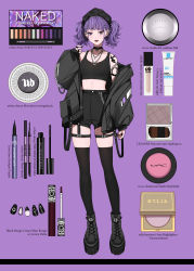 Rule 34 | 1girl, bare shoulders, black headwear, black jacket, black lips, black shorts, black tank top, black thighhighs, chain, choker, goth fashion, gothic, highres, idolmaster, idolmaster shiny colors, jacket, jacket partially removed, jewelry, makeup, makeup brush, maou (demonlord), necklace, platform footwear, punkish gothic, purple hair, shorts, solo, tanaka mamimi, tank top, tattoo, thigh strap, thighhighs, twintails