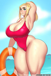 Rule 34 | 1girl, ass, blonde hair, blue eyes, blue sky, blush, breasts, buoy, clothes, cloud, cloudy sky, curvy, english text, foxicube, heart, highleg, highleg swimsuit, huge ass, large breasts, lifebuoy, long hair, looking at viewer, metroid, nintendo, one eye closed, ponytail, samus aran, shiny skin, sky, solo, sweat, swim ring, swimsuit, wide hips