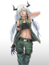 Rule 34 | 1girl, bandaged arm, bandages, belt, blue eyes, breasts, broken, broken chain, chain, commentary request, cowboy shot, cuffs, ear piercing, earrings, gradient background, green jacket, green pants, grey background, hand on own neck, highres, horns, jacket, jewelry, long hair, looking at viewer, low twintails, mechanical arms, mechanical hands, medium breasts, midriff, navel, open clothes, open jacket, open mouth, original, pants, piercing, shackles, silver hair, single mechanical arm, single mechanical hand, slit pupils, solo, standing, sugi 214, tank top, twintails, white background
