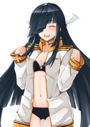 Rule 34 | 10s, 1girl, :d, ^ ^, absurdres, ass, black bra, black hair, black panties, blazer, blush, bra, breasts, buttons, essa sazhka, closed eyes, hair over one eye, hair ribbon, hayashimo (kancolle), highres, jacket, kantai collection, long hair, long sleeves, navel, open mouth, panties, ribbon, simple background, smile, solo, stomach, teeth, thigh gap, thighs, underwear, white background