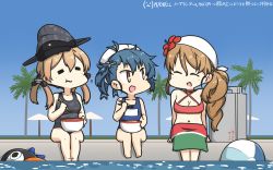 Rule 34 | 3girls, anchor hair ornament, ball, bandana, beach umbrella, beachball, bikini, black one-piece swimsuit, blonde hair, blue hair, blue one-piece swimsuit, blue sky, bowl, breasts, brown eyes, brown hair, chopsticks, cleavage, closed eyes, commentary request, dated, day, eating, fate/grand order, fate (series), flower, fukae (kancolle), full body, gradient hair, grey headwear, hair flower, hair ornament, hamu koutarou, hat, highres, inflatable toy, italia (kancolle), kantai collection, large breasts, littorio (kancolle), long hair, meltryllis, meltryllis (fate), meltryllis (swimsuit lancer) (fate), meltryllis (swimsuit lancer) (first ascension) (fate), multicolored hair, multiple girls, name tag, one-piece swimsuit, outdoors, palm tree, peaked cap, poolside, prinz eugen (kancolle), red bikini, remodel (kantai collection), sarong, school swimsuit, short hair, side ponytail, sidelocks, sitting, sky, soaking feet, swimsuit, tree, tsurime, twintails, umbrella, water, white headwear, x navel