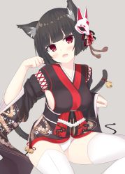 Rule 34 | 1girl, absurdres, animal ear fluff, animal ears, azur lane, bad id, bad pixiv id, bell, black hair, black kimono, blush, breasts, cat ears, cat tail, commentary request, fang, fox mask, grey background, head tilt, highres, japanese clothes, jingle bell, kimono, kyuujou komachi, large breasts, long sleeves, looking at viewer, mask, mask on head, open mouth, panties, red eyes, red ribbon, ribbon, short hair, short kimono, sideboob, simple background, sitting, sleeves past wrists, solo, tail, tail bell, tail ornament, tail ribbon, thighhighs, underwear, white panties, white thighhighs, wide sleeves, yamashiro (azur lane)