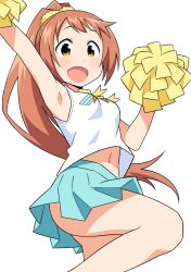 Rule 34 | 10s, 1girl, anbe masahiro, arm up, armpits, arms up, bow, brown eyes, brown hair, cheerleader, hair ornament, hair scrunchie, idolmaster, idolmaster cinderella girls, knee up, looking at viewer, navel, open mouth, pleated skirt, pom pom (cheerleading), ponytail, scrunchie, shirt, skirt, sleeveless, sleeveless shirt, smile, solo, wakabayashi tomoka, white background