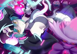 Rule 34 | 1girl, arm up, black skirt, black sleeves, black thighhighs, blue hair, breasts, brown eyes, cleavage, commentary request, creatures (company), crossover, detached sleeves, feet out of frame, game freak, gen 2 pokemon, gen 4 pokemon, gen 5 pokemon, ghost miku (project voltage), givuchoko, hair between eyes, hatsune miku, knees together feet apart, large breasts, litwick, long hair, long sleeves, looking at viewer, misdreavus, mismagius, nail polish, nintendo, parted lips, pleated skirt, pokemon, pokemon (creature), project voltage, purple nails, skirt, sleeves past fingers, sleeves past wrists, thighhighs, twintails, upside-down, very long hair, vocaloid, yellow eyes