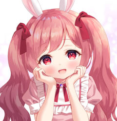 Rule 34 | 1girl, :d, animal ears, blush, bow, chitosezaka suzu, commentary request, dress, glint, hair bow, hands up, long hair, looking at viewer, open mouth, original, pink dress, pink hair, puffy short sleeves, puffy sleeves, rabbit ears, red bow, red eyes, short sleeves, smile, solo, twintails, upper body