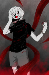 Rule 34 | 10s, absurdres, astrot (zwd4310100), black nails, black sclera, blood, blood on clothes, colored sclera, colored skin, cuffs, gradient background, hand on own face, handcuffs, highres, kaneki ken, male focus, mask, nail polish, red eyes, tokyo ghoul, torn clothes, white hair, white skin