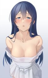 Rule 34 | 1girl, arms behind back, bare shoulders, blue background, blue eyes, blue hair, blush, breasts, cleavage, collarbone, commission, cowboy shot, dress, furrowed brow, gradient background, hair between eyes, half-closed eyes, highres, large breasts, lips, long hair, looking at viewer, no bra, off-shoulder dress, off shoulder, original, pallad, parted lips, simple background, skeb commission, solo, straight hair, waiting for kiss, wet, wet hair, white dress