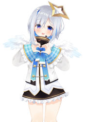 Rule 34 | 1girl, :d, amane kanata, black skirt, blue eyes, blue hair, blush, deyui, eyes visible through hair, feathered wings, feet out of frame, frilled skirt, frills, grey hair, grey jacket, hair over one eye, headset, heart, heart hands, highres, hololive, jacket, long sleeves, looking at viewer, mini wings, multicolored hair, open mouth, plaid, simple background, skirt, sleeves past wrists, smile, solo, teeth, two-tone hair, upper teeth only, virtual youtuber, white background, white wings, wide sleeves, wings
