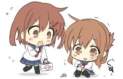 Rule 34 | 2girls, bad id, bad twitter id, black socks, blue sailor collar, box, brown hair, commentary request, fang, first aid kit, folded ponytail, hair ornament, hairclip, highres, hizuki yayoi, ikazuchi (kancolle), inazuma (kancolle), injury, kantai collection, kneehighs, long hair, multiple girls, neckerchief, red neckerchief, rock, sailor collar, school uniform, scraped knee, serafuku, short hair, simple background, skin fang, socks, standing, tearing up, thighhighs, watery eyes, wavy hair, white background