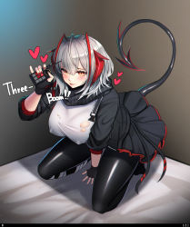 Rule 34 | 1girl, absurdres, ahoge, antennae, arknights, arm support, black gloves, black jacket, black pantyhose, black scarf, black skirt, blush, breasts, commentary, controller, covered erect nipples, demon girl, demon horns, demon tail, detonator, elbow gloves, english commentary, english text, fingerless gloves, gloves, grey shirt, heart, highres, holding, holding remote control, horns, indoors, jacket, kneeling, large breasts, looking at viewer, nail polish, open clothes, open jacket, orange eyes, pantyhose, red nails, remote control, scarf, shirt, short hair, skirt, solo, tail, torn clothes, torn shirt, ukoo (kv7863), w (arknights)