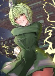 Rule 34 | 1girl, absurdres, arm up, blurry, breasts, depth of field, dress, electricity, green dress, green eyes, green hair, hair between eyes, hat, highres, large breasts, long sleeves, night, outdoors, parted lips, short hair, smile, soga no tojiko, solo, takana (forsterite), tate eboshi, teeth, temple, touhou