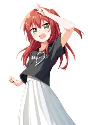 Rule 34 | 1girl, arm up, black shirt, bocchi the rock!, green eyes, haru (konomi 150), highres, kita ikuyo, long hair, looking at viewer, one side up, open mouth, red hair, shirt, short sleeves, simple background, skirt, smile, solo, v, white background, white skirt