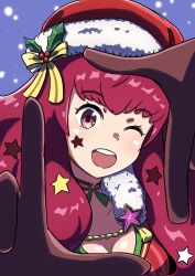 Rule 34 | 1girl, absurdres, bodysuit, cianter, facial mark, fire emblem, fire emblem engage, fire emblem heroes, hair ornament, hat, highres, holly hair ornament, looking at viewer, nintendo, official alternate costume, open mouth, red bodysuit, red eyes, red hair, santa hat, star (symbol), star facial mark, star hair ornament, yunaka (fire emblem), yunaka (fire emblem) (spirited envoy)