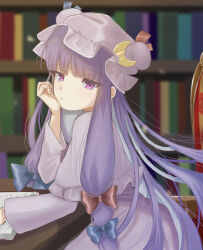 Rule 34 | 1girl, blue bow, blunt bangs, blurry, blurry background, book, bookshelf, bow, capelet, closed mouth, crescent, crescent hat ornament, frilled capelet, frills, from side, hair bow, hand on own chin, hat, hat ornament, highres, indoors, library, long hair, long sleeves, looking at viewer, looking to the side, mob cap, open book, patchouli knowledge, petarikooo, pink capelet, pink hat, pout, purple eyes, purple hair, red bow, sitting, solo, table, touhou, very long hair, wooden table