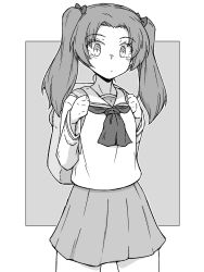 Rule 34 | 1girl, absurdres, backpack, bag, blouse, bow, closed mouth, commentary request, cowboy shot, girls und panzer, greyscale, hair bow, highres, kadotani anzu, long hair, long sleeves, looking at viewer, miniskirt, monochrome, neckerchief, ooarai school uniform, outside border, parted bangs, partial commentary, pleated skirt, sailor collar, school uniform, serafuku, shirt, skirt, solo, standing, twintails