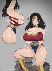 Rule 34 | 1girl, 3boys, arm up, armpits, arms under breasts, ass, bare shoulders, beaten, black hair, blue eyes, blush, bob (bobtheneet), breasts, cameltoe, cleavage, cleft of venus, closed mouth, collarbone, covered erect nipples, dc comics, from side, grey background, heart, highres, large breasts, leotard, lips, long hair, multiple boys, multiple views, simple background, smile, solo focus, sweat, thighs, torn clothes, torn leotard, very sweaty, wonder woman, wonder woman (series), x x