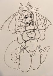 Rule 34 | 1girl, :o, absurdres, animal hands, bad id, bad tumblr id, bra, breasts, cat lingerie, cowboy shot, cropped legs, dragon girl, dragon horns, dragon tail, dragon wings, gloves, hands up, hhhori, highres, horns, large breasts, looking at viewer, meme attire, monster girl, navel, original, panties, paw gloves, paw pose, scan, short hair, side-tie panties, solo, tail, traditional media, underwear, underwear only, wings