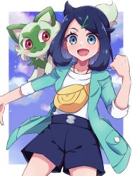 Rule 34 | 1girl, :d, absurdres, blue hair, blue jacket, blue shorts, blush, creatures (company), game freak, hair ornament, hairclip, highres, jacket, liko (pokemon), looking at viewer, nintendo, open clothes, open jacket, open mouth, piyo to game, pokemon, pokemon (anime), pokemon (creature), pokemon horizons, shirt, short hair, shorts, sleeves past elbows, smile, sprigatito, white shirt