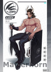 Rule 34 | 1boy, abs, animal ears, arknights, bara, black pants, brown eyes, brown hair, cow boy, cow ears, cow horns, earrings, ergsdf, full body, highres, holding, holding weapon, horns, jewelry, large pectorals, male focus, matterhorn (arknights), medium hair, muscular, muscular male, navel, nipples, pants, pectorals, shield, topless male, sitting, solo, thighs, tight clothes, tight pants, weapon