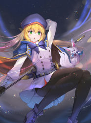 Rule 34 | 1girl, artoria caster (fate), artoria caster (second ascension) (fate), artoria pendragon (fate), beret, black pantyhose, blush, fate/grand order, fate (series), fou (fate), full body, hair between eyes, hat, legs, long hair, looking at viewer, multiple tails, pantyhose, shirt, sky, sora no tori, star (sky), starry sky, tail, two tails, white shirt