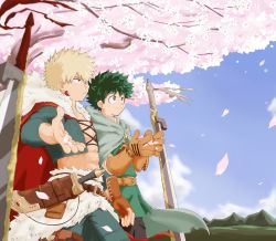 Rule 34 | 2boys, abs, absurdres, bakugou katsuki, belt, blonde hair, boku no hero academia, brown belt, brown gloves, cape, cherry blossoms, day, earrings, fingerless gloves, freckles, fur trim, gloves, green cape, green hair, green pants, highres, holding, holding petal, jewelry, male focus, midoriya izuku, multiple boys, no control, outdoors, pants, petals, red cape, red eyes, sheath, sheathed, sky, smile, spiked hair, standing, sword, tree, weapon
