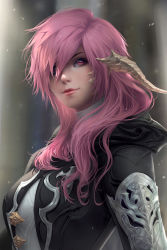 Rule 34 | 1girl, artist name, au ra, blurry, blurry background, breasts, chuby mi, dragon horns, final fantasy, final fantasy xiv, hair over one eye, hair over shoulder, highres, horns, lips, long hair, looking at viewer, medium breasts, pink eyes, pink hair, portrait, profile, scales, smile, solo, watermark