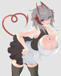 Rule 34 | 1girl, :d, antennae, apron, arknights, bare arms, bare shoulders, black dress, black thighhighs, breasts, cleavage, commentary request, dress, frilled apron, frills, grey background, grey hair, hand on own chest, heart, heart tail, highres, horns, large breasts, looking at viewer, nail polish, open mouth, orange eyes, pareorepa, pleated skirt, red nails, short dress, short hair, simple background, skirt, smile, solo, tail, thighhighs, w (arknights), white apron, zettai ryouiki