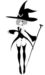Rule 34 | 1girl, ass, boots, breasts, butt crack, detached sleeves, female focus, gloves, greyscale, hat, ken (koala), looking at viewer, looking back, monochrome, no bra, original, short hair, simple background, sleeves past wrists, smile, solo, staff, thigh boots, thighhighs, witch, witch hat