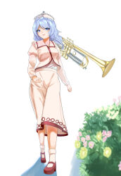 Rule 34 | 1girl, blue hair, commentary request, flower, frilled hat, frills, full body, hat, highres, instrument, kulukulu3333, long sleeves, medium hair, merlin prismriver, outdoors, pink hat, pink shirt, pink skirt, pink socks, red footwear, shirt, simple background, skirt, socks, solo, standing, touhou, trumpet, white background