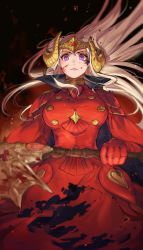 Rule 34 | 1girl, axe, blood, blood on face, breasts, commentary, cowboy shot, dress, edelgard von hresvelg, english commentary, fake horns, fire emblem, fire emblem: three houses, gloves, hair ornament, highres, holding, holding axe, horns, long hair, long sleeves, looking at viewer, medium breasts, nintendo, purple eyes, solo, velahka, white legwear