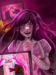 Rule 34 | 1girl, :d, apron, bandaged arm, bandages, blush, bow, breasts, choker, cleavage, crying, danganronpa: trigger happy havoc, danganronpa (series), danganronpa 2: goodbye despair, enoshima junko, glitch, grin, hands up, large breasts, long hair, looking up, open mouth, own hands clasped, own hands together, pink eyes, pink hair, pink shirt, puffy short sleeves, puffy sleeves, red bow, sake daikon, shirt, short sleeves, smile, solo, tears, teeth, television, tsumiki mikan