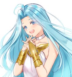 Rule 34 | 1girl, :d, ahoge, bad id, bad pixiv id, blue eyes, blue hair, bridal gauntlets, choker, collarbone, dress, floating hair, granblue fantasy, head tilt, interlocked fingers, kaisousan, long hair, looking at viewer, lyria (granblue fantasy), open mouth, own hands together, simple background, sleeveless, sleeveless dress, smile, solo, strapless, strapless dress, upper body, very long hair, white background, white dress