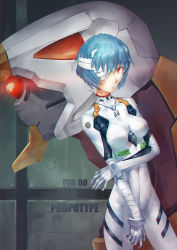 Rule 34 | 1girl, ayanami rei, azomo, bandaged arm, bandages, blue hair, bodysuit, breasts, closed mouth, commentary, contrapposto, covered navel, eva 00, eyepatch, highres, looking at viewer, medical eyepatch, medium breasts, neon genesis evangelion, one eye covered, plugsuit, red eyes, solo, standing, white bodysuit